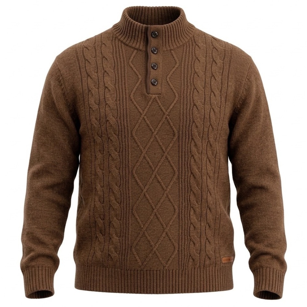 Joseph Abboud Mens Brown Cable Knit Wool Blend Mock Neck Button Sweater XL